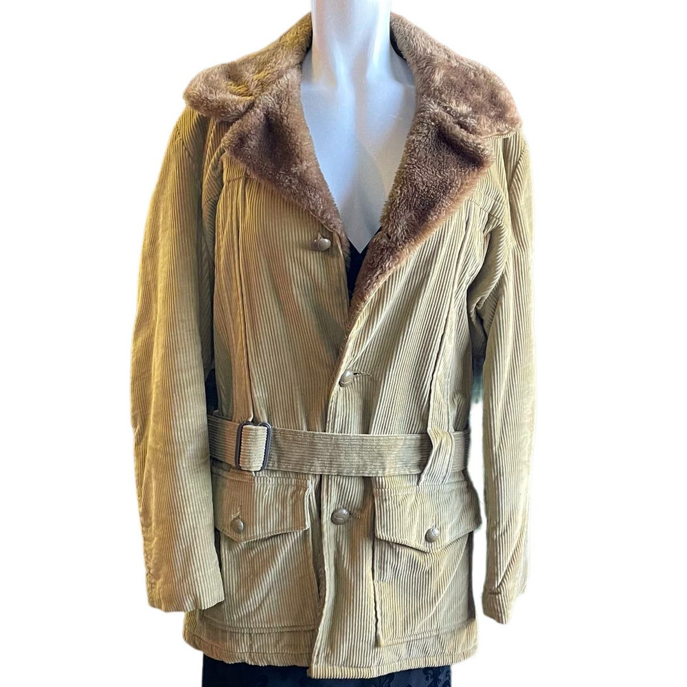 Vintage 70s Salem Sportswear Tan Corduroy Chore Coat Sherpa Collar Mens Size 42